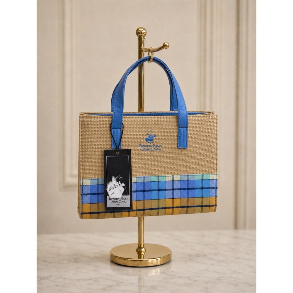 New Beverly Hills Polo Club Small Tote Bag Purse Blue Plaid Summer Beach Preppy